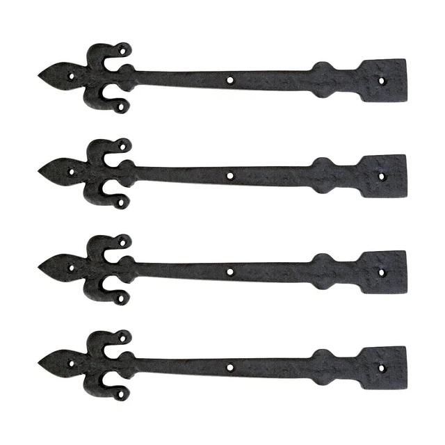 Black Wrought Iron Dummy Strap Hinge 12" L Fleur De Lis Rust Resistant Pack of 4