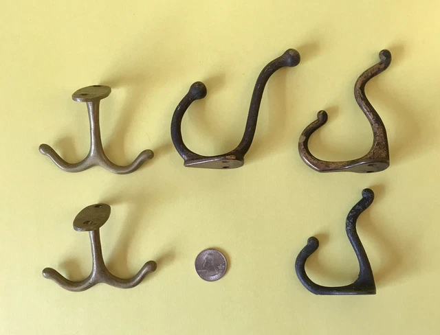 ⭐️Lot 5 Antique Victorian COAT HAT Hooks Clothes Robe Hanger 3 IRON 2 BRASS