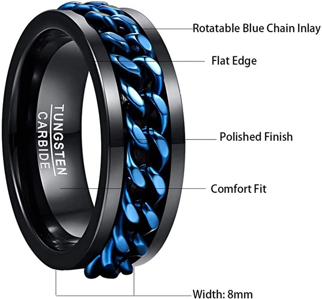 Tungsten Ring Men 8MM Blue Rotatable Chain Inlaid Polished Boyfriend Jewelry