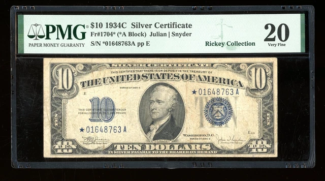 DBR 1934-C $10 Silver STAR Fr. 1704* PMG VF-20 Serial *01648763A