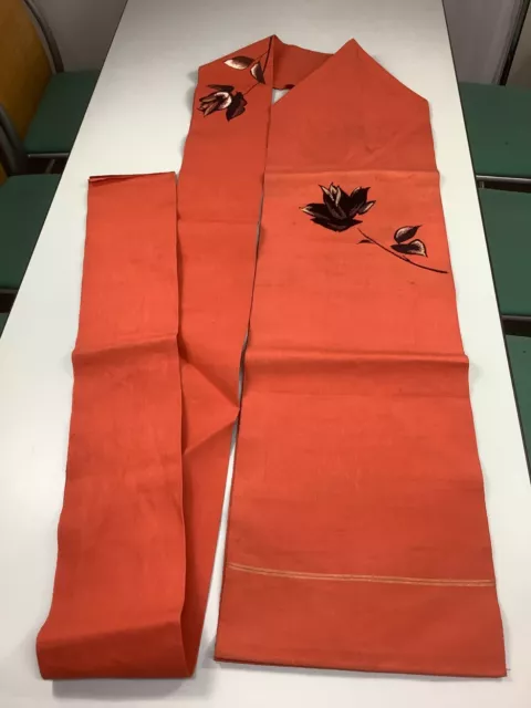 Japanese Vintage Kimono Nagoya Obi SILK fabric flower orange Dirt 139.3ｘ12.2inch