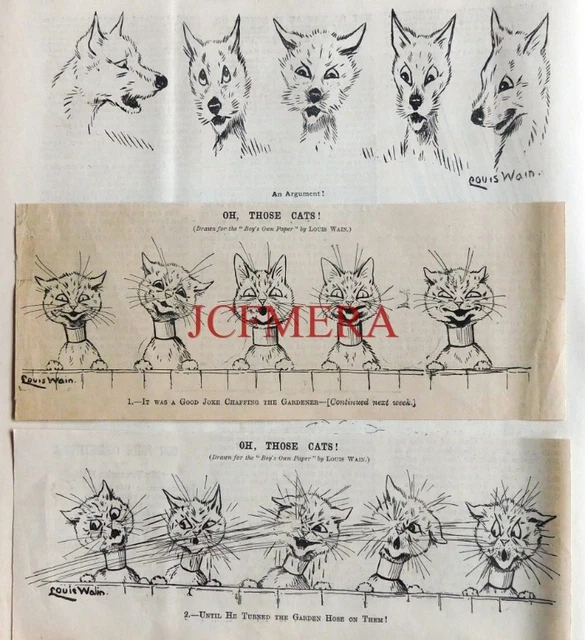 3 x Original Antique 1898 LOUIS WAIN Prints (2 Cat & 1 Dog) : 661-92