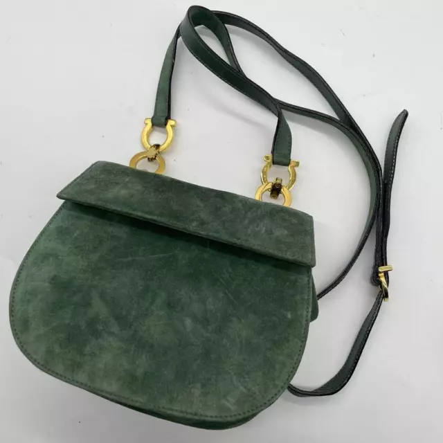 Salvatore Ferragamo Shoulder Bag Gancini Green Suede Leather Authentic Japan