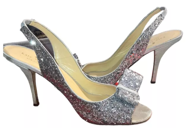 Kate Spade New York Womens Bow Charm Silver Glitter Slingback Heel Pump Size 8.5 2