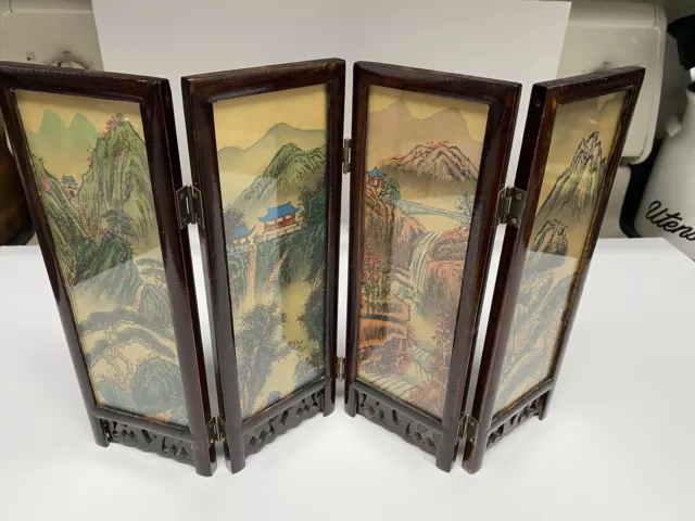 Mini Asian Folding Screen Lacquer Wood Hand painted, 9 3/4 Inches Tall