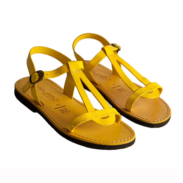 Sandali donna Gialli MADE IN ITALY con cinturino alla caviglia in pelle e cuoio