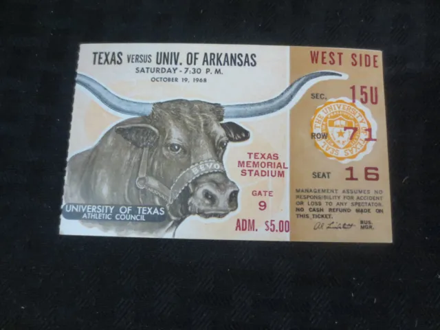 Texas Longhorns Football Ticket  VS Arkansas Razerbacks Oct 19, 1968