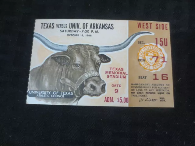 Texas Longhorns Football Ticket  VS Arkansas Razerbacks Oct 19, 1968