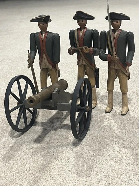 Three French Napoleon Soldiers Hand Carved Wood Figurines Moving Arms&Cannon '87