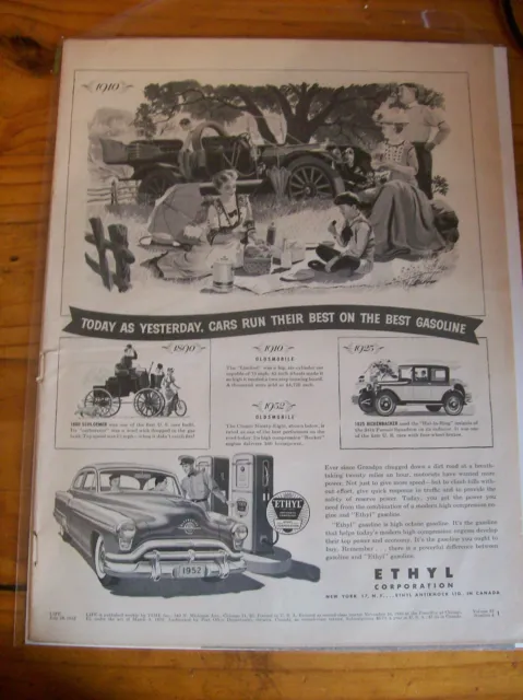 Original 1952 Ethyl Magazine Ad with 1952 Oldsmobile "Cars Run Their Best"