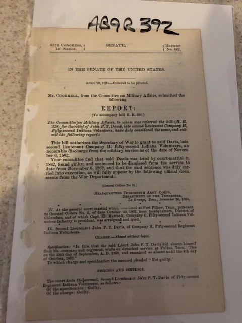 Government report 1881 John P. Davis honorable discharge from military service-T
