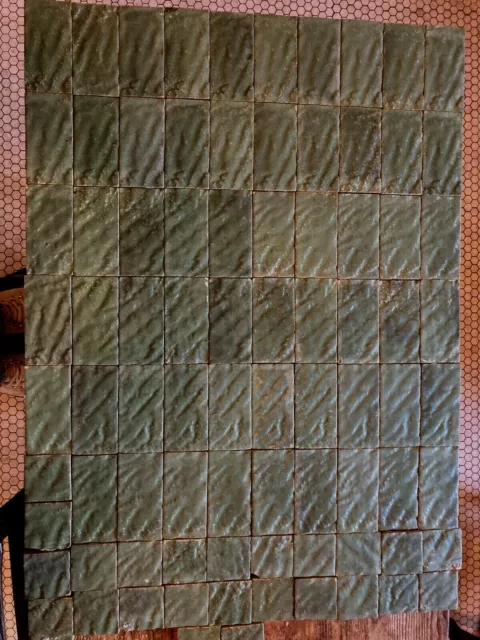 Antique 6"x3" American Encaustic Arts and Crafts Green Tile, 17.75 square feet