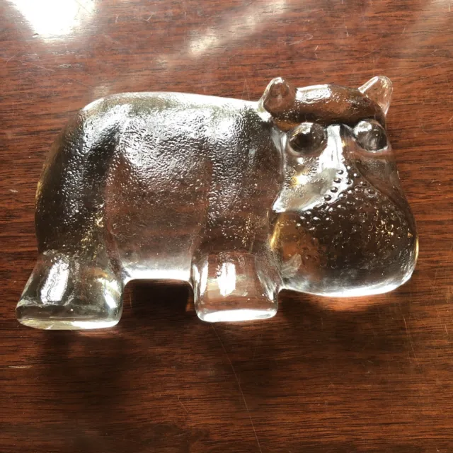 Vtg MCM Hippo Art Glass Paperweight Clear Hippopotamus Lays Flat & Stands Viking
