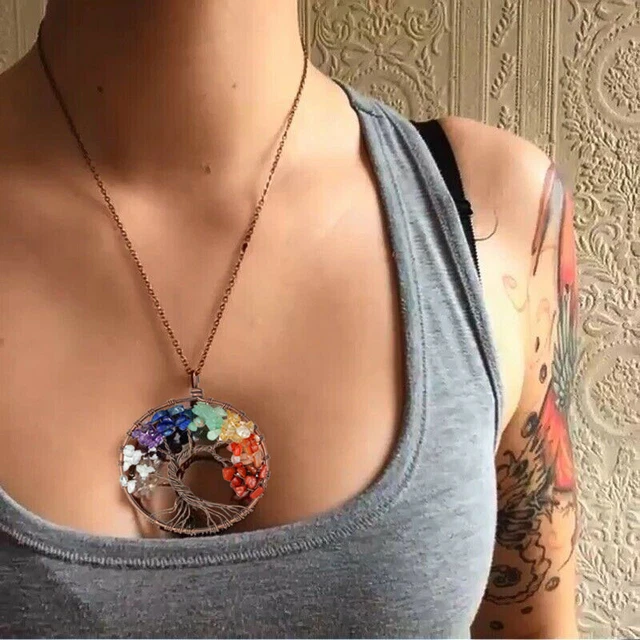Natural Gemstone Tree of Life Pendant Necklace 7 Chakra Healing Crystal Charm 8