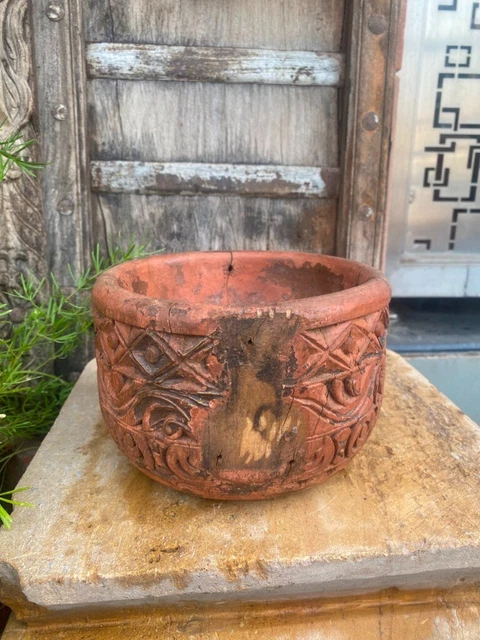 1700's Ancient Old Wooden Carved Painted Rare Beautiful Shape Bowl