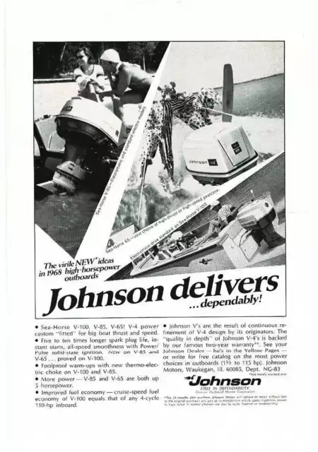 1968 JOHNSON Sea Horse V-100 V-85 V65 Outboard Boat Motor Vintage Print Ad