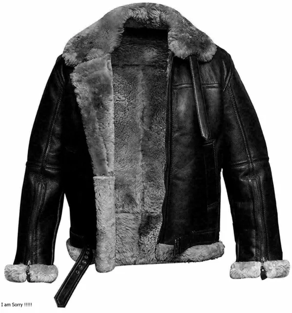 Men's Aviator RAF B3 Bomber Black Fur Shearling Sheepskin Genuine Leather Jacket