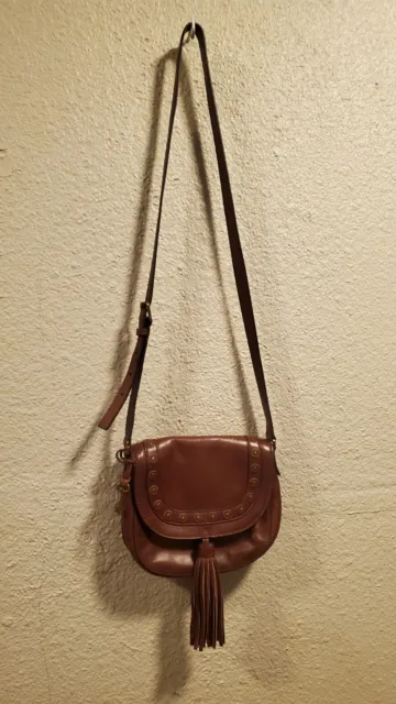 Fossil Emi Cognac Flap Crossbody bag purse tassel Excellent Condition