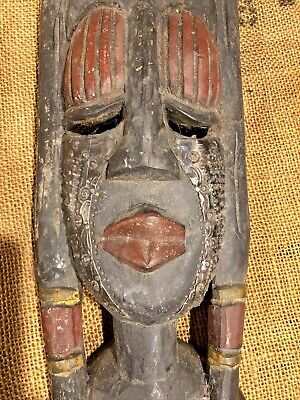 Vintage African Carved Wood Mask Metal Sleeping Lady! Tribal Art Sculpture Ghana
