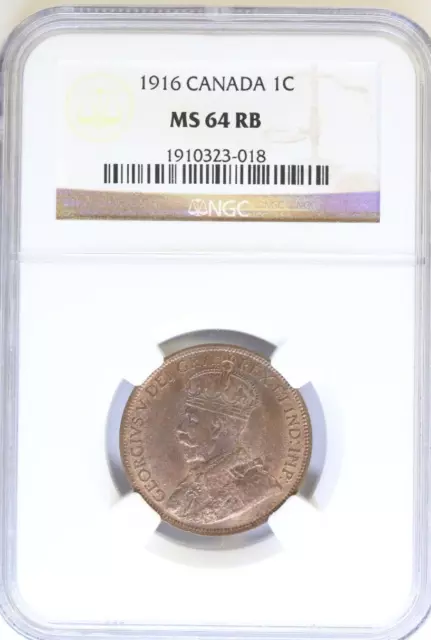 1916 1C One Cent Canada Coin (NGC MS 64 RB)