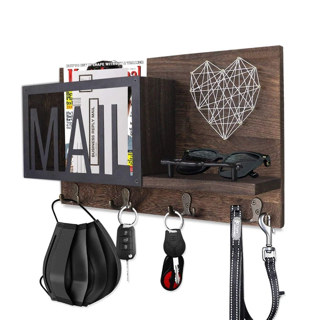 Mail Organizer Wall Mount with 4 Key Hooks Key Holder for Wall Wooden