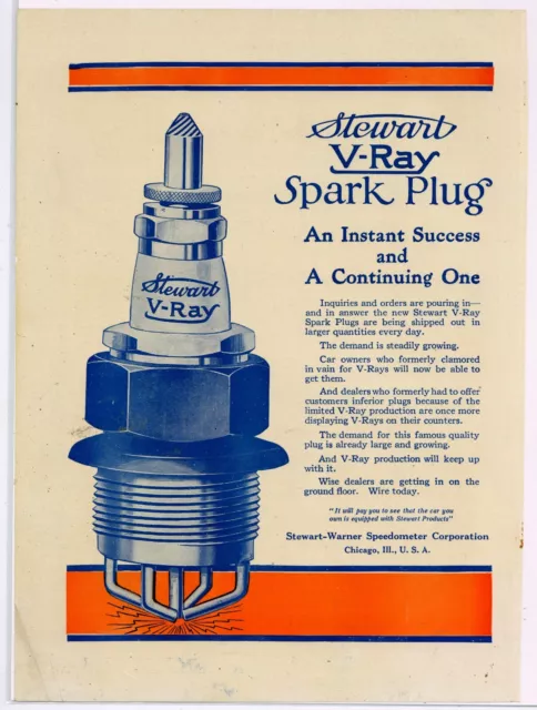 1916 Stewart Warner Speedometer Co. Ad: V-Ray Spark Plugs - Chicago, Illinois