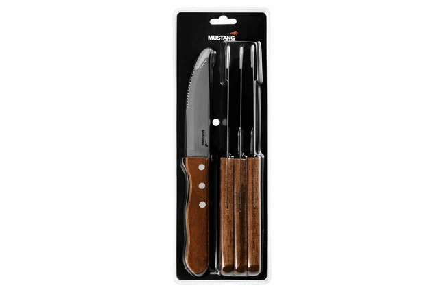 Mustang 4 tlg. Steakmesser Set mit Holzgriffen Edelstahl Klinge u. Wellenschliff