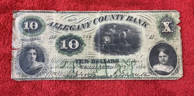 Allegany County Bank Ten Dollars Cumberland Maryland  May 1St 1864 Rare