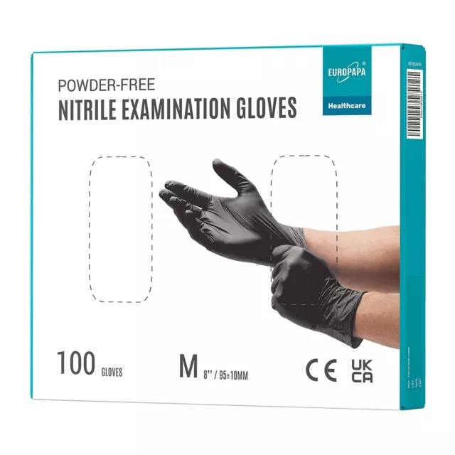 EUROPAPA Lot de 100 gants jetables en nitrile sans poudre, sans latex (M, noir)