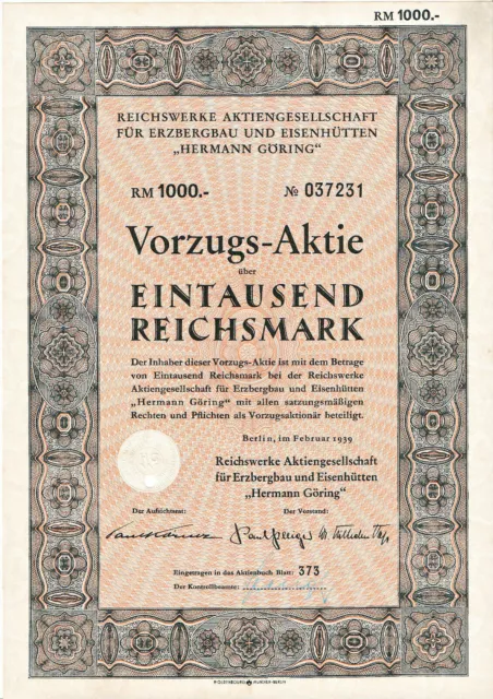 Lot 10 x Reichswerke AG H. Göring Vorz Aktie Berlin 1939 Erz + Stahl Salzgitter