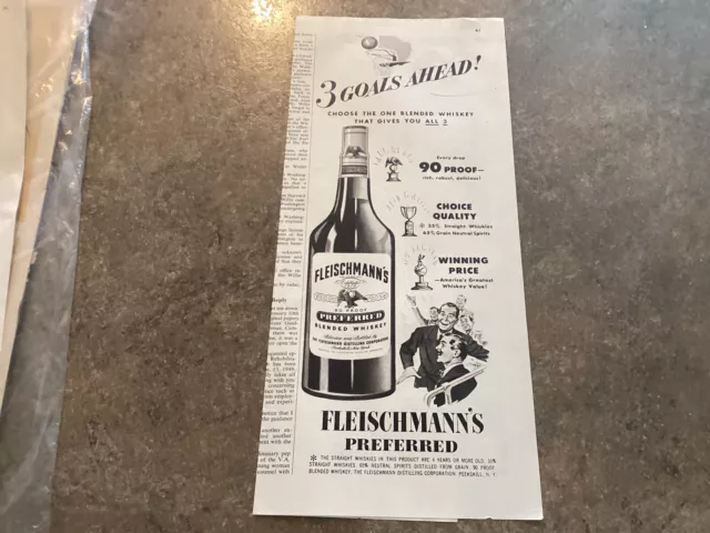 1949 Vintage Print Ad Fleischmanns Preferred Blended Whiskey. 3 Goals Ahead