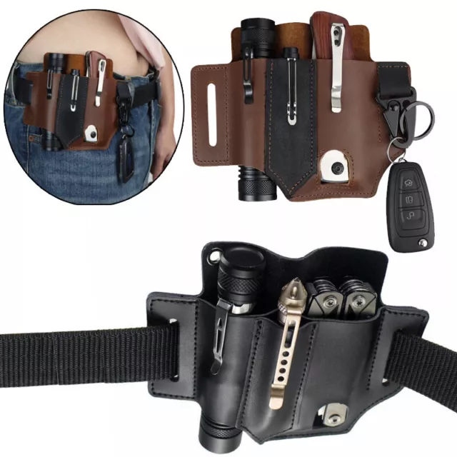 Portable Genuine Leather Belt EDC Pouch Tool Kit Bag Flashlight Pen Knife Pouch