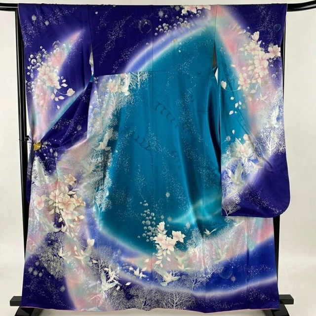 Woman Japanese Kimono Furisode Silk Bird Gold Slver Foil Blur BlueGreen