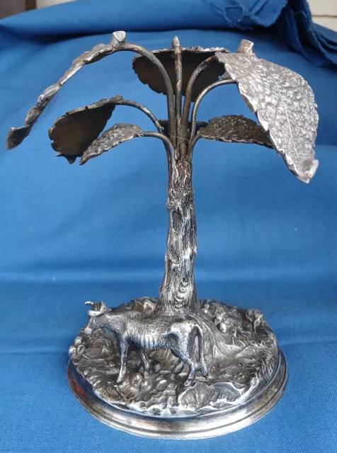Antique Victorian Era Silver-Plate, Figural Cow Under Ginkgo Tree, 5" Tall