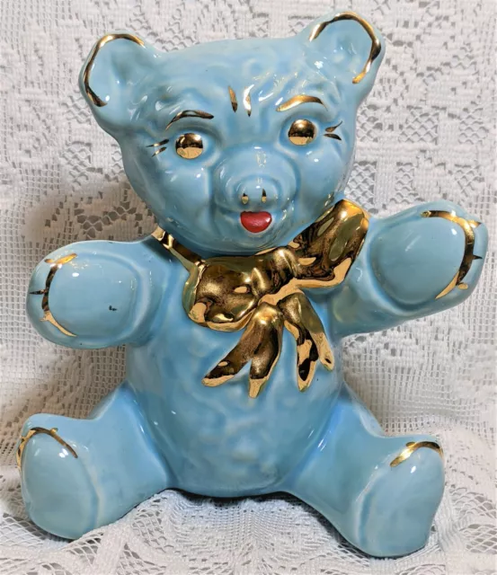 Vintage Large LIGHT BLUE Teddy Bear Piggy Bank with Gold Bow Trim & Red Tongue