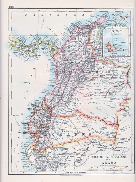 1912 Map ~ South America ~ Columbia Ecuador & Panama Galapagus Isles