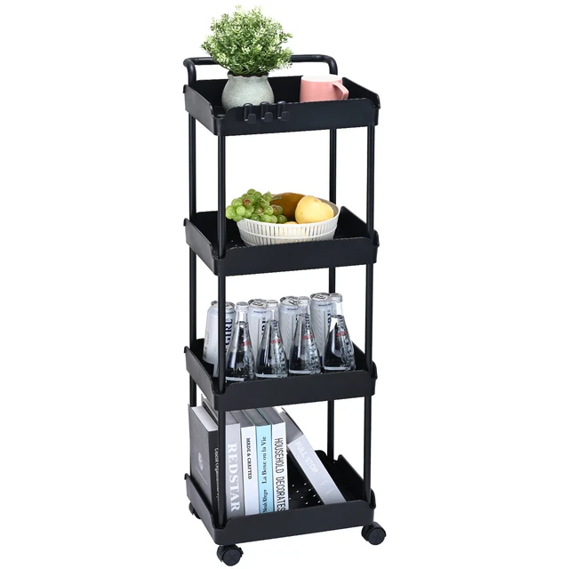 Chariot De Rangement 5 Niveaux Ornestia - Avec Tiroirs, Plateau Bois Et Roulettes, Noir, Design Pratique
