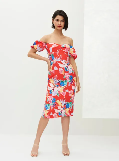 Milly bouquet red floral faille off shoulder puff sleeve midi dress 10 NWT $398