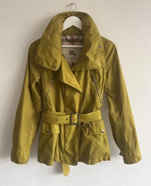 BURBERRY London Belted Jacket Size XS Packable Hood Mustard Mesh Lined