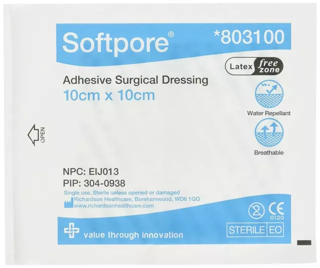 Softpore Adhesive Surgical Dressing Water Repellent Sterile Single Use 10x10 cm