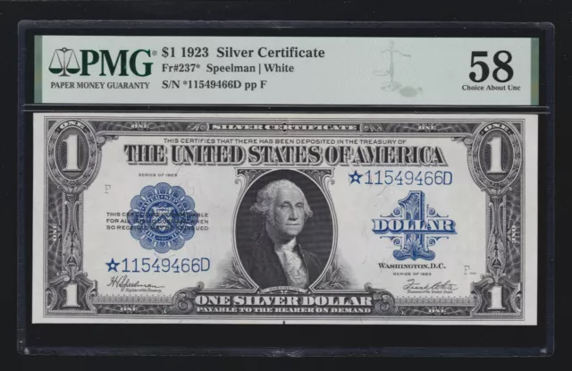 US 1923 $1 Silver Certificate STAR NOTE* FR 237* PMG 58 Ch AU (466*)