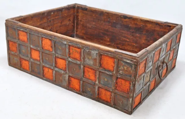 Vintage en Bois Rangement Panier Original Vieux Main Crafted Métal Ajusté