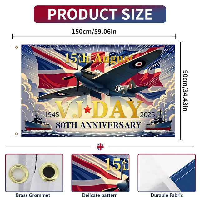 VJ Day 80th Anniversary Flagge 2025 – 90x150 Cm, Polyester, Mit Metallösen, Für Parade & Deko