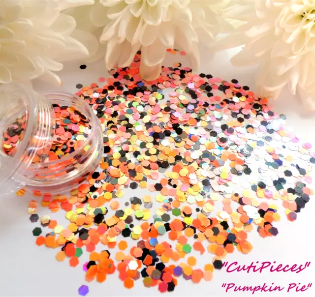 Nail Art Glitter *Pumpkin Pie* Holographic Orange Black Hexagons Chunky Mix Pot