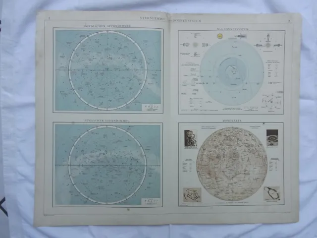 Alte Landkarte  "Sternenhimmel und Sonnensystem" Original Lithographie 1906