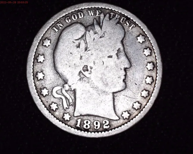 1892 Barber Silver Quarter First Year Coin Very Nice Details #BQ24