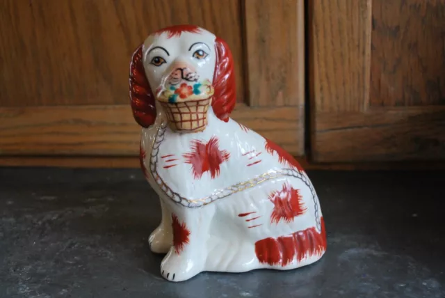 Vintage Staffordshire Dog with Flower Basket 6.5" Tall
