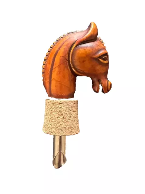 Vintage Bottle Stopper wood Old Horse Head Carved Round Brown W/ cork - Figural 2