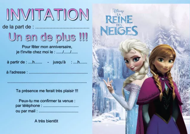 5 ou 12 cartes invitation anniversaire Reine des neiges  réf 01 avec/sans env