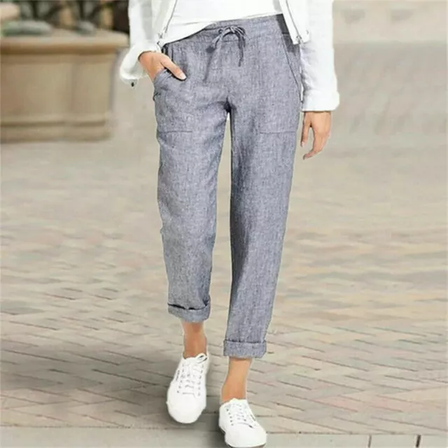 Ladies Casual Drawstring Pocket Loose Trousers Summer Womens Cotton Linen Pants